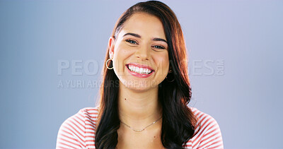 Buy stock photo Happy, smile and portrait of woman in studio for positive attitude, confidence and pride. Emotions, mockup space and isolated person with joy, good mood and excited expression on blue background