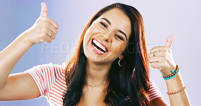 Buy stock photo Girl, thumbs up and happy in studio portrait with icon, sign and symbol for yes by background. Woman, person and excited with smile, emoji and agreement with fashion, thanks and pride in Turkey