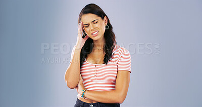 Buy stock photo Woman, headache or pain with burnout in studio, crisis or challenge with vertigo, brain fog or tension. Mockup space, migraine or temple pressure with female person with stress on gray background 