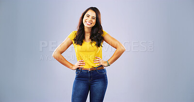 Buy stock photo College, smile and portrait of woman in studio for student scholarship, future and mockup space. Happiness, education and university with person on background for gen z youth, pride and academy