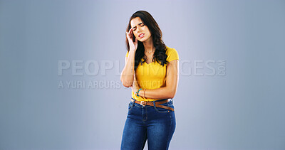 Buy stock photo Headache, stress and woman in studio with anxiety, temple massage and pain on gray background. Burnout, brain fog and girl with migraine, vertigo or dizzy, fatigue or frustrated on mockup space