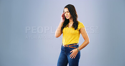 Buy stock photo Headache, fatigue and woman in studio with anxiety, temple massage and pain on gray background. Burnout, brain fog and girl with migraine, vertigo or dizzy, stress or frustrated on mockup space