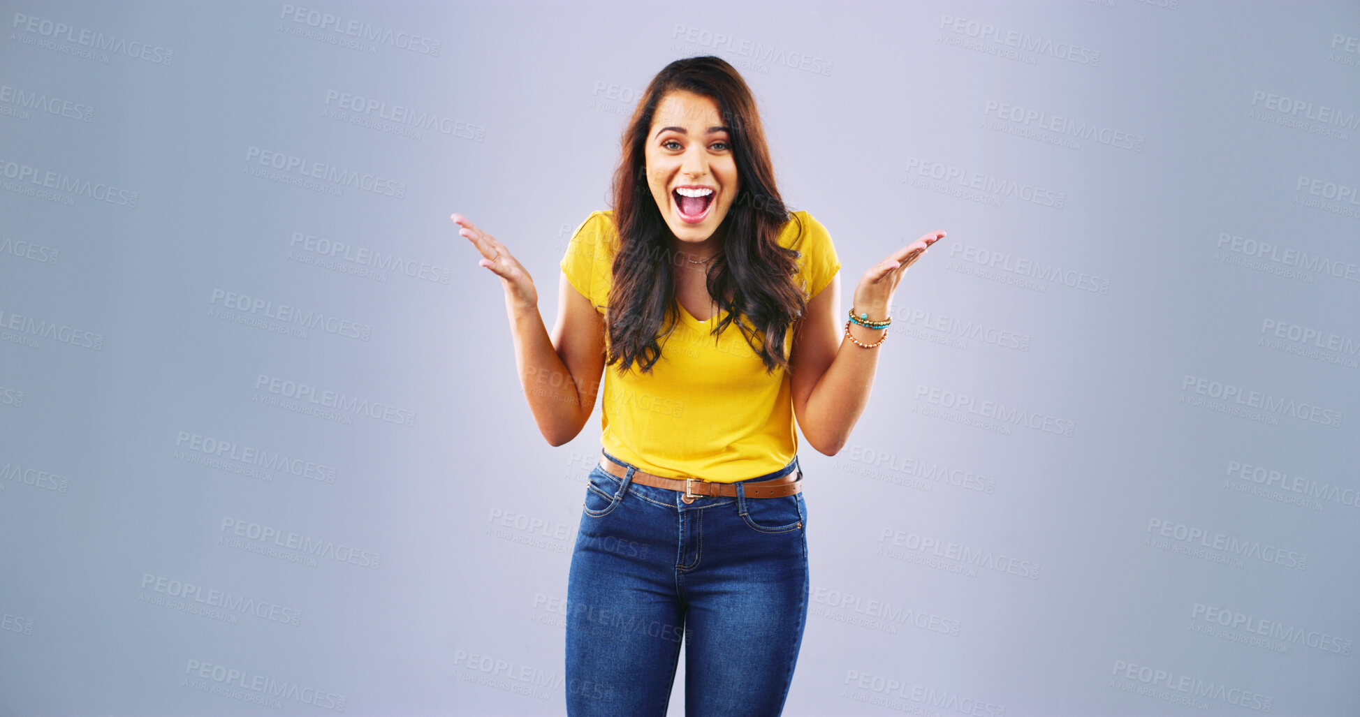 Buy stock photo Surprise, wow and woman with portrait in studio for announcement, news or promo on gray background. Omg, emoji and excited female model with secret, deal and prize giveaway and mockup or info space