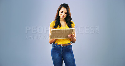 Buy stock photo Studio, woman and picture with frame for memory, nostalgia or remember past or thinking of history. Photo, happy model or person with artwork, decoration design or mockup space isolated on background