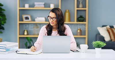 Buy stock photo Entrepreneur, woman and laptop with writing in home office for article planning, research notes and story information. Freelance writer, remote work and notebook at desk for blog inspiration or ideas