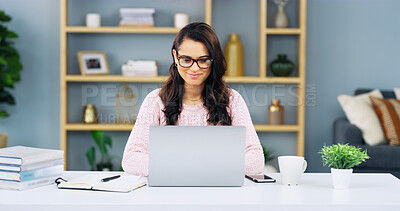 Buy stock photo Woman, laptop and reading in home office for planning, startup management and business research. Smile, entrepreneur and typing on tech for funding proposal, online feedback and books for development
