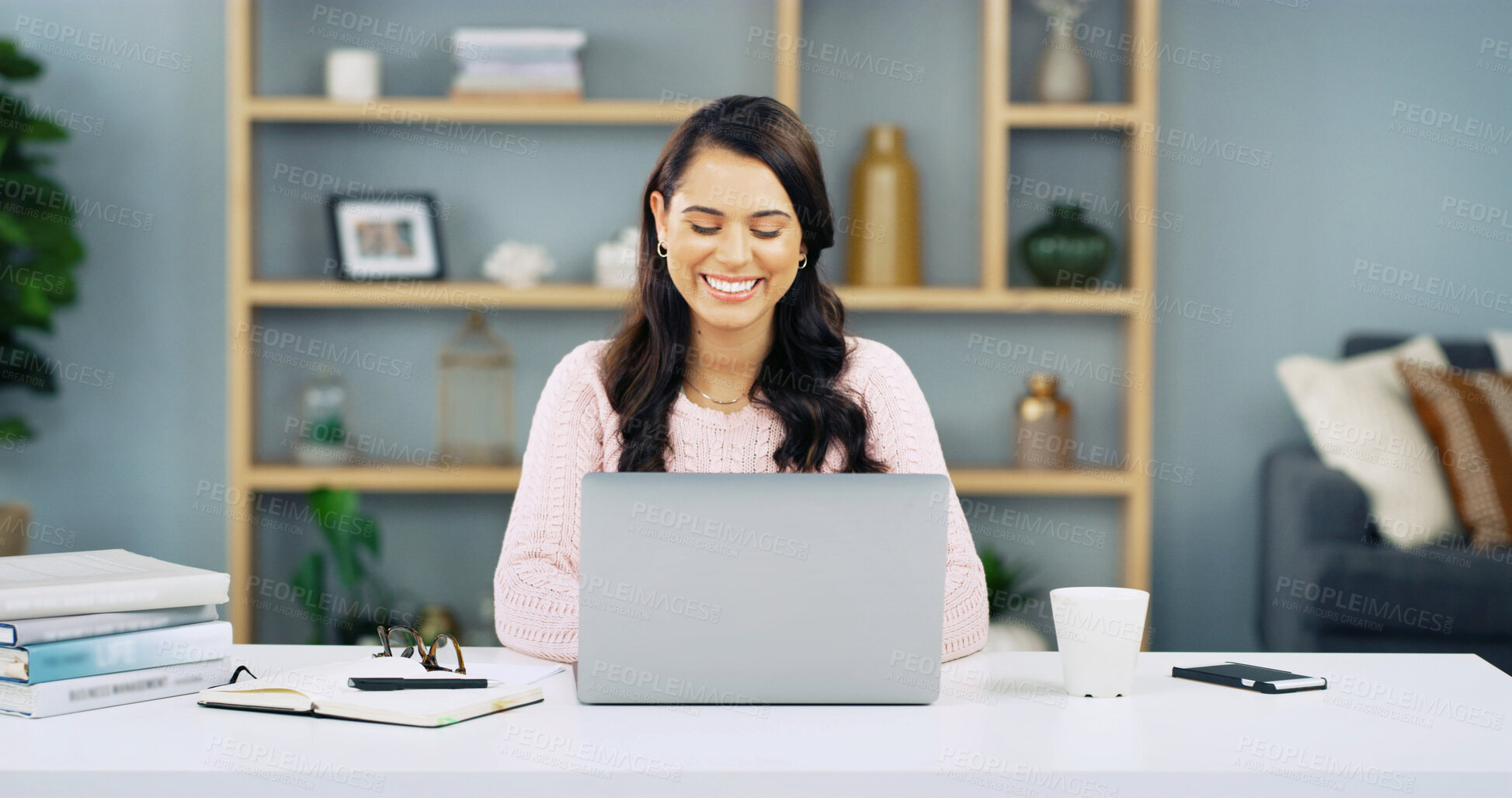 Buy stock photo Entrepreneur, woman and typing on laptop in home office for article research, feedback review and proofreading. Freelance writer, remote work and happy with technology at desk for editing blog post