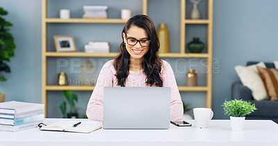 Buy stock photo Woman, laptop and typing in home office for planning, startup management or business research. Happy, entrepreneur or reading on tech for funding opportunity, online feedback or books for development