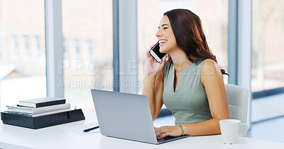 Buy stock photo Woman, phone call and talk with laptop, creative editor and research or planning in office. Female copywriter, computer and smile for agency project in company, review or workplace administration