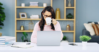 Buy stock photo Remote work, laptop and woman in home with coffee for writing article, editing and research online. Apartment, business and person on computer for website, internet and planning for freelance career