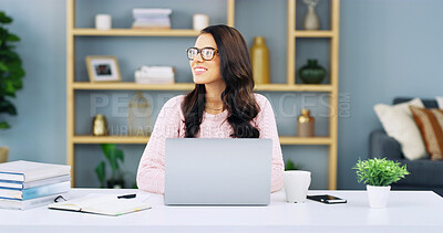 Buy stock photo Woman, laptop and thinking in home office for planning, startup management and business research. Smile, entrepreneur and ideas at tech for funding proposal, brainstorming and books for development