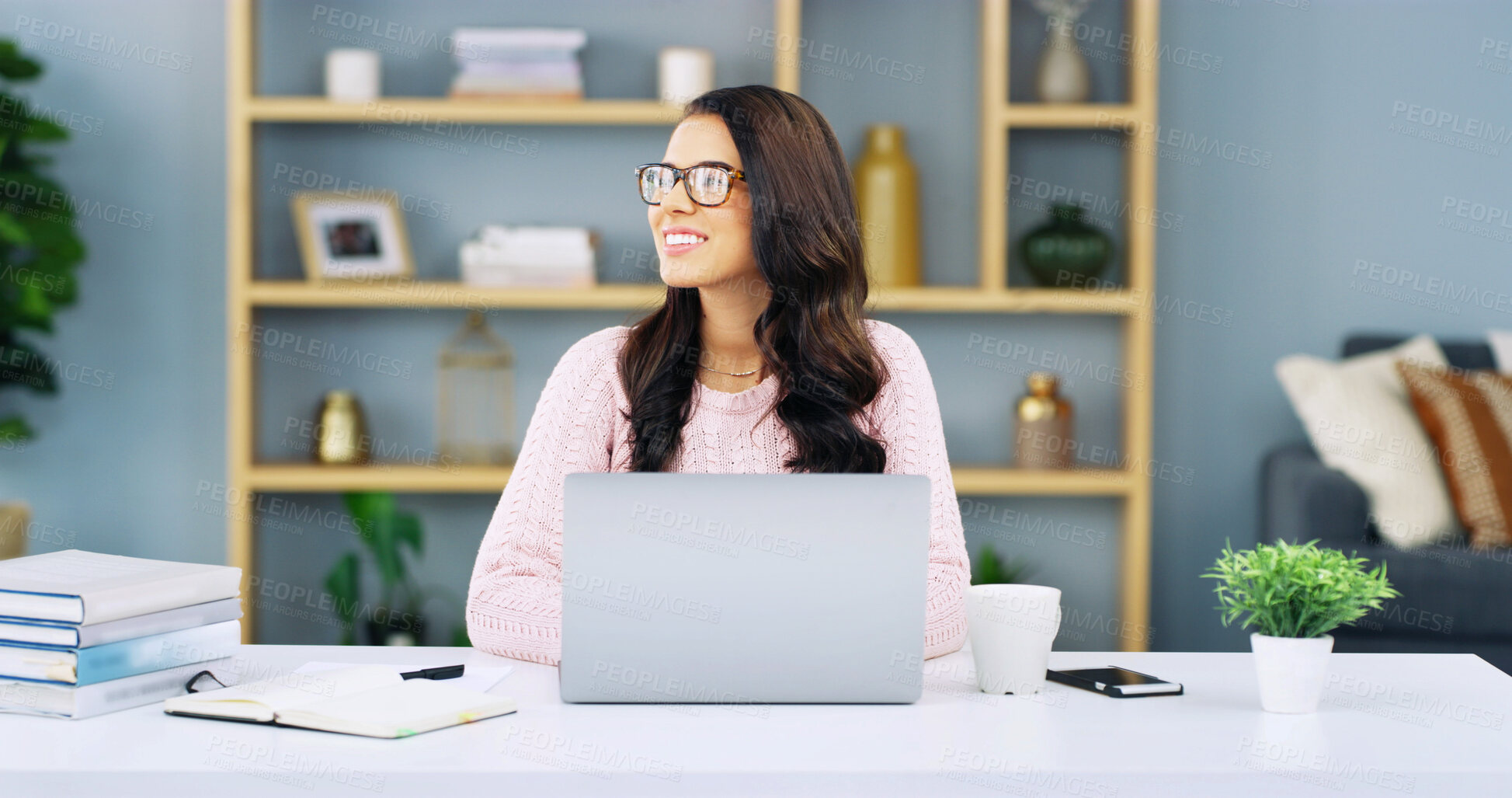 Buy stock photo Woman, laptop and thinking in home office for planning, startup management and business research. Smile, entrepreneur and ideas at tech for funding proposal, brainstorming and books for development