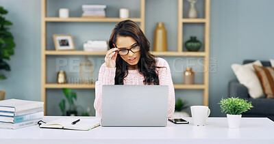 Buy stock photo Remote work, laptop and woman in home with stress for writing article, editing and research online. Apartment, frustrated and person on computer for website, internet or planning for freelance career