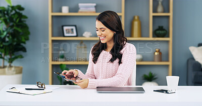 Buy stock photo Tablet, freelancer or happy woman in home office, online or investigative journalist research story. Remote work, digital technology or app for communication, scroll publication or reporter with news