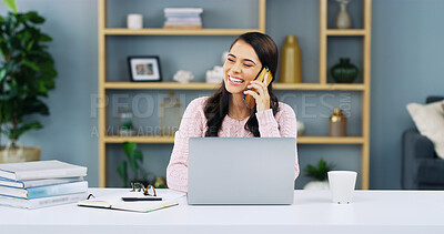 Buy stock photo Happy, creative woman and talk with phone call for discussion, schedule interview and information. Journalist, mobile and laptop with conversation, news update and story publishing feedback at house