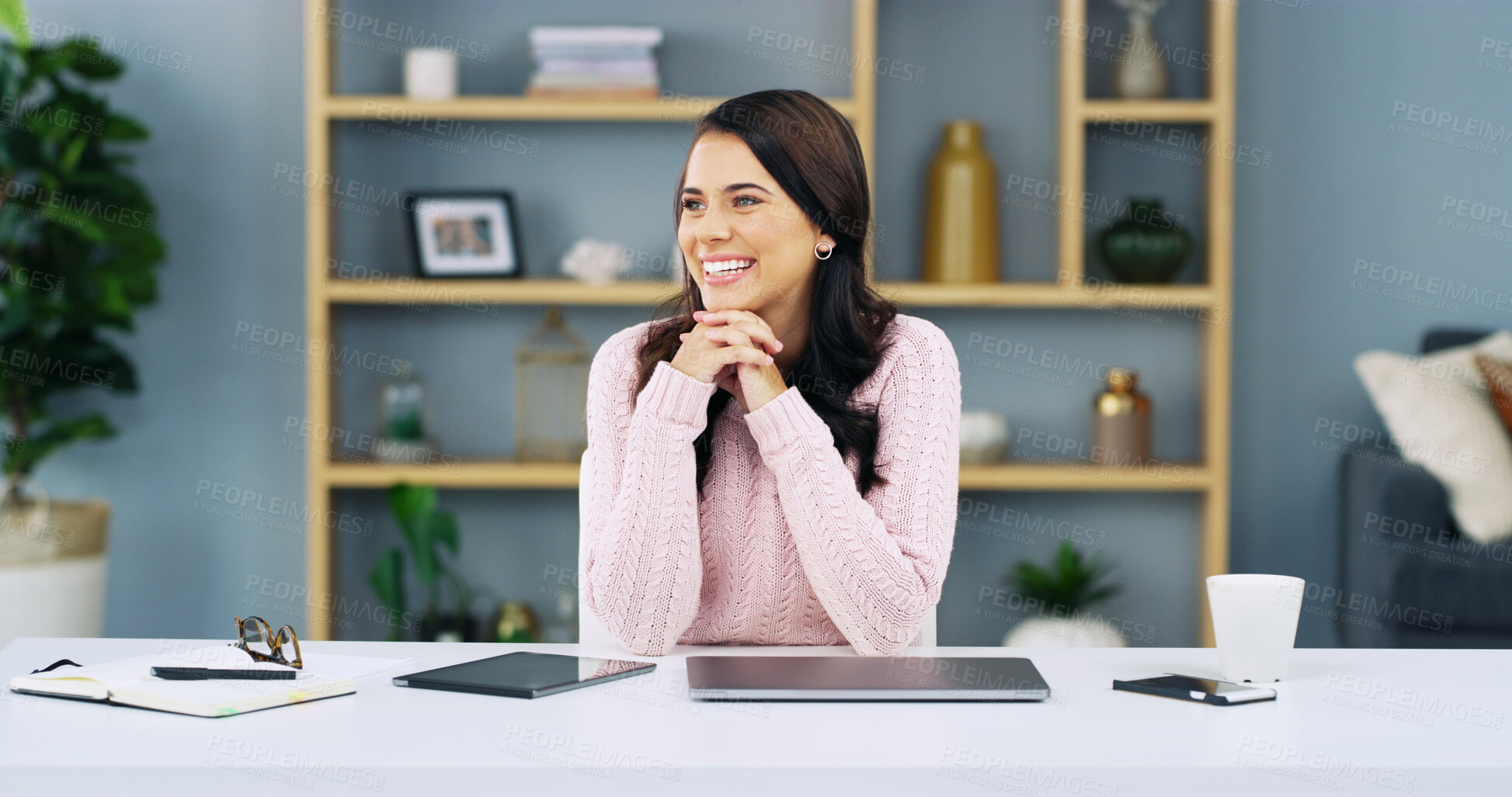 Buy stock photo Happy woman, tablet or thinking in home office for planning, startup management or business research. Smile, entrepreneur and ideas for funding proposal, brainstorming and notebook for development