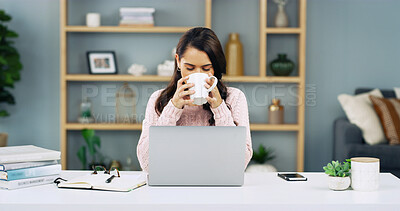 Buy stock photo Remote work, computer and woman in home with coffee for online article, editing proposal and research. Apartment, business and person on laptop for website, internet and planning for freelance career