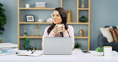 Buy stock photo Remote work, laptop and woman in home thinking for writing article, editing and online news. Apartment, coffee and person with ideas on computer for website, internet or planning for freelance career