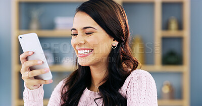Buy stock photo Home, smile and woman with smartphone, internet and notification for text message in lounge. Person, apartment or girl with cellphone, connect or social media with email, online reading or funny meme