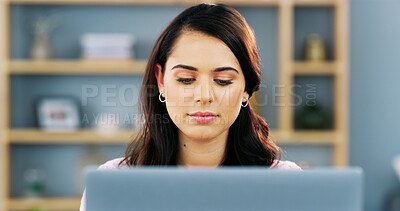 Buy stock photo Remote work, laptop and woman in home for editing, writing article and research online. Apartment, publisher and person on computer for website, internet news and planning for freelance career