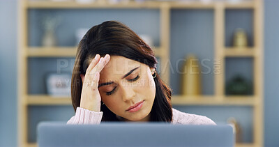 Buy stock photo Woman, headache and pain by laptop in house, frustrated pressure and remote work glitch, mistake and burnout. Freelancer in crisis, 404 error or brain fog by computer with migraine or dizzy tension