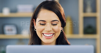 Buy stock photo Home, businesswoman and happy with laptop for research, news story and freelancer for publication. Remote work, female person and journalist with tech for blog website, article and laugh for editing