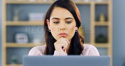 Buy stock photo Home, businesswoman and thinking with laptop for research, news story and freelancer for publication. Remote work, female person and journalist with ideas for blog website, digital article or editing