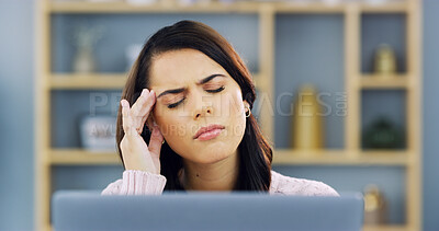 Buy stock photo Woman, headache and pain by laptop in home, frustrated pressure and remote work glitch, mistake and burnout. Freelancer in crisis, 404 error or brain fog by computer with migraine or dizzy tension