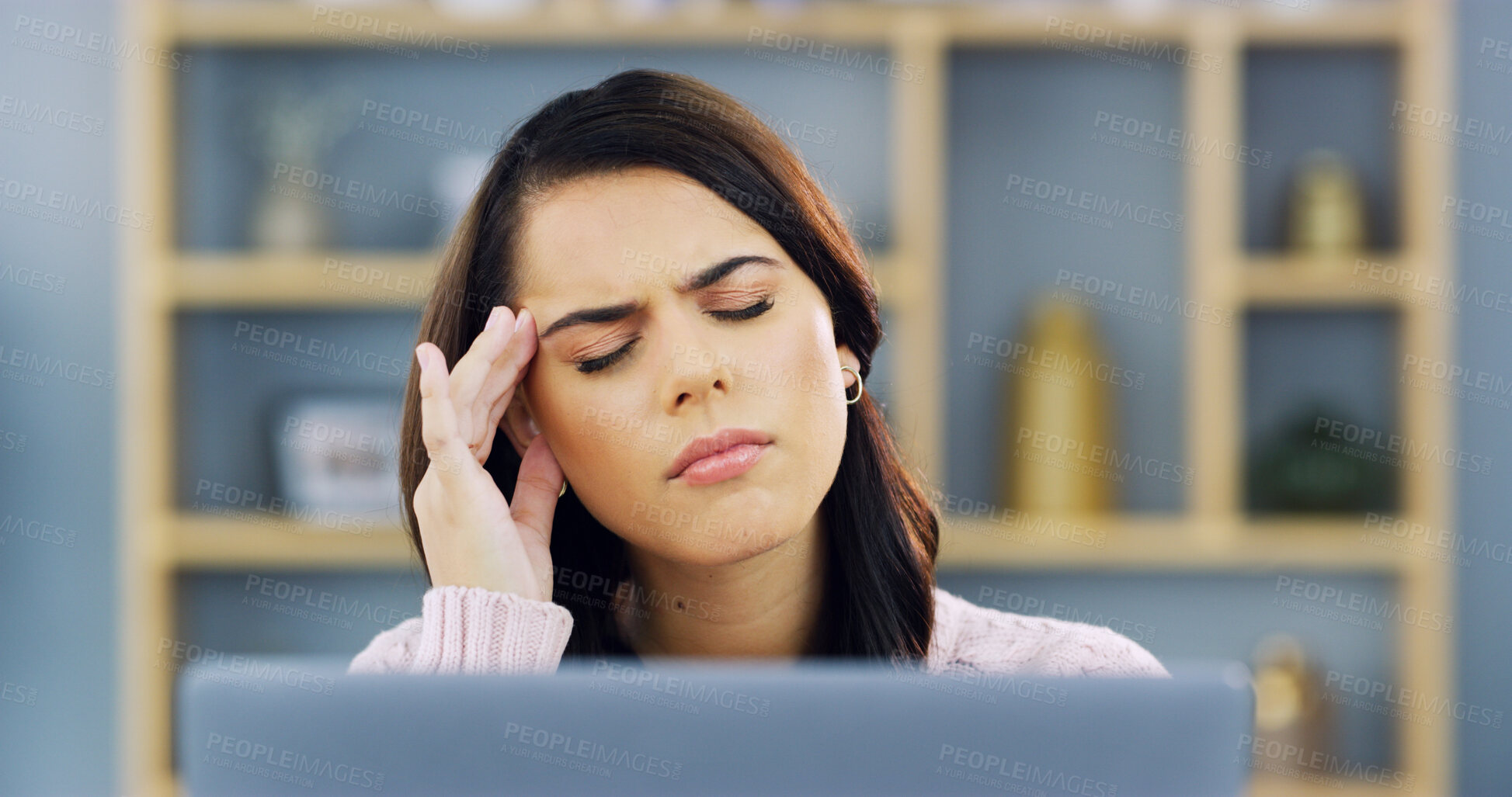 Buy stock photo Woman, headache and pain by laptop in home, frustrated pressure and remote work glitch, mistake and burnout. Freelancer in crisis, 404 error or brain fog by computer with migraine or dizzy tension