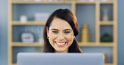 Buy stock photo Home, businesswoman and smile with laptop for research, news story and freelancer for publication. Remote work, female person and journalist with tech for blog website, article and happy for editing