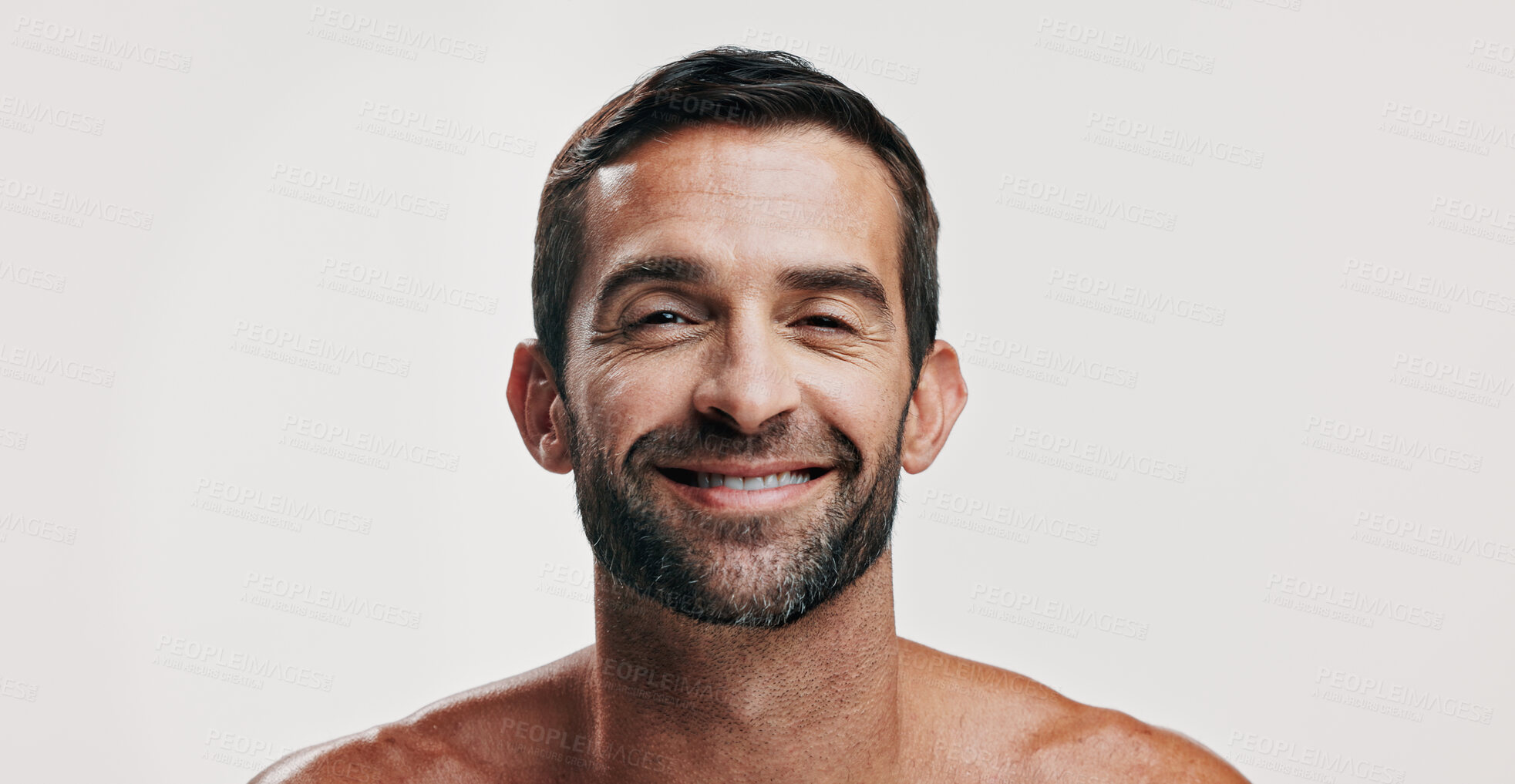 Buy stock photo Beauty, portrait and smile of man in studio for antiaging treatment or dermatology. Aesthetic, cosmetics and skincare with happy model isolated on white background for self care or wellness routine