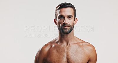 Buy stock photo Beauty, confident and portrait of man in studio for antiaging treatment or cosmetics. Aesthetic, dermatology and skincare with shirtless model isolated on white background space for self care routine