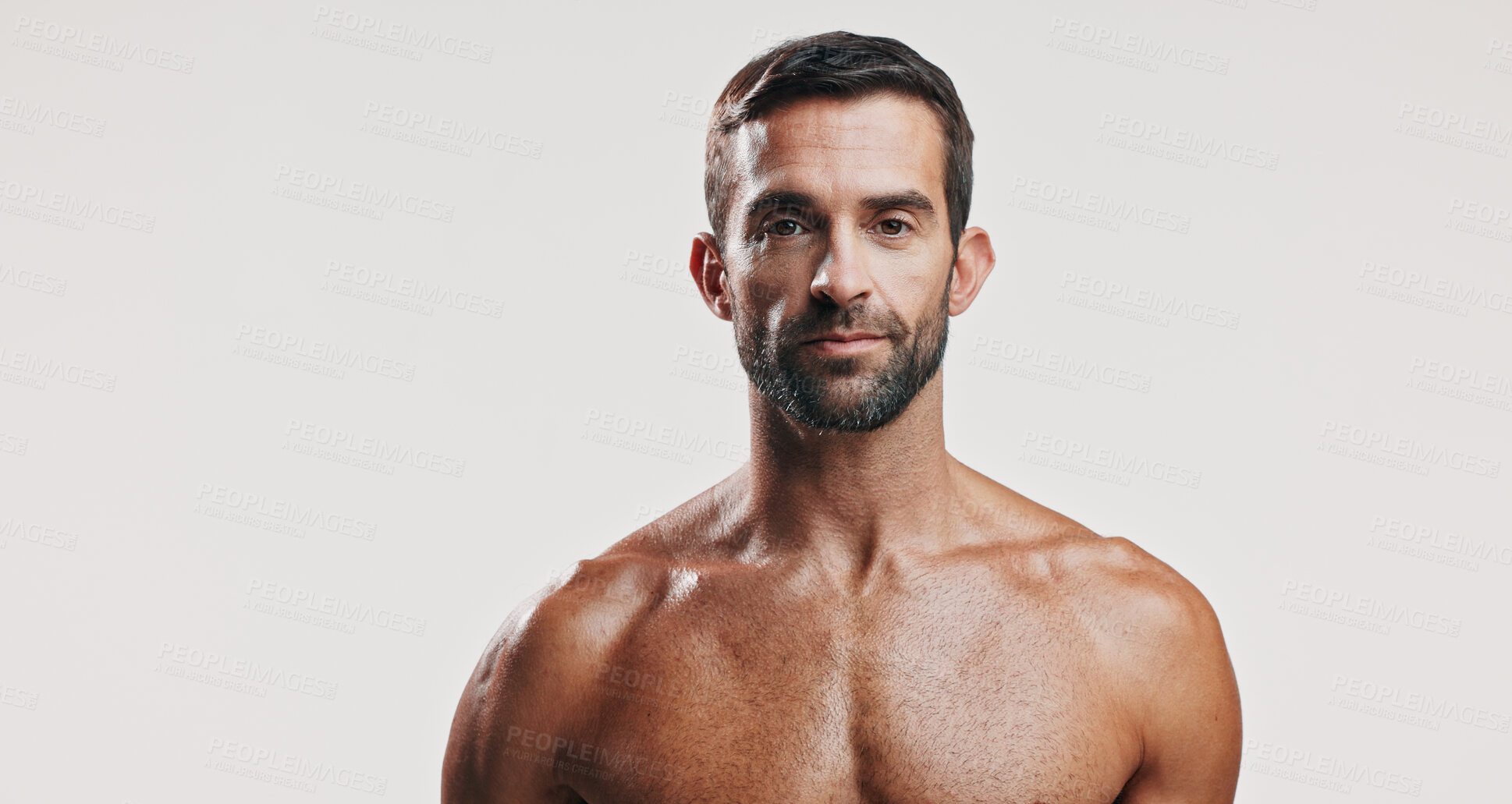 Buy stock photo Beauty, confident and portrait of man in studio for antiaging treatment or cosmetics. Aesthetic, dermatology and skincare with shirtless model isolated on white background space for self care routine