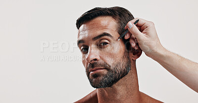 Buy stock photo Hands, portrait and man with tweezer in studio for hair removal, maintenance and facial growth. Person, tools and grooming routine of eyebrow hygiene, self care and transformation on white background