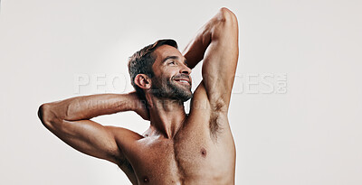 Buy stock photo Confidence, flexing and man in studio with body building workout for fitness progress. Mockup space, biceps or proud person with strong arms for power training results or thinking on white background