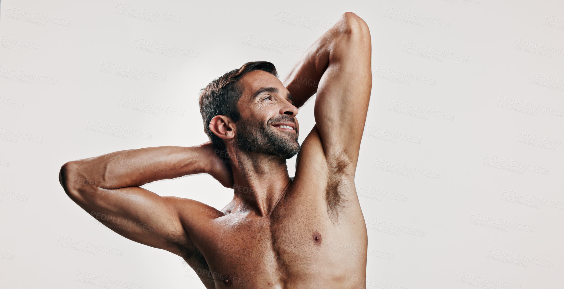 Buy stock photo Confidence, flexing and man in studio with body building workout for fitness progress. Mockup space, biceps or proud person with strong arms for power training results or thinking on white background