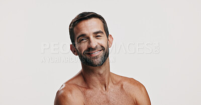 Buy stock photo Confident, skincare space or portrait of man in studio for beauty glow, grooming face or dermatology. Self care cosmetic, male model or person on white background space for facial treatment or mockup