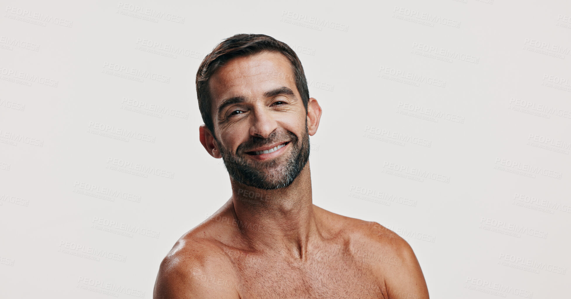 Buy stock photo Confident, skincare space or portrait of man in studio for beauty glow, grooming face or dermatology. Self care cosmetic, male model or person on white background space for facial treatment or mockup