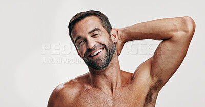 Buy stock photo Armpit, skincare or portrait of happy man in studio for beauty glow, body grooming and dermatology. Hygiene cosmetics, topless model and person on white background for facial treatment or confidence