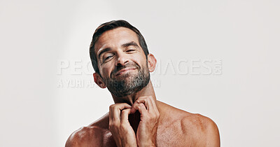 Buy stock photo Neck, scratching or portrait of man in studio for beauty, body eczema or beard discomfort. Hygiene cosmetics, allergy or annoyed model on white background for rash treatment, irritation or itchy skin