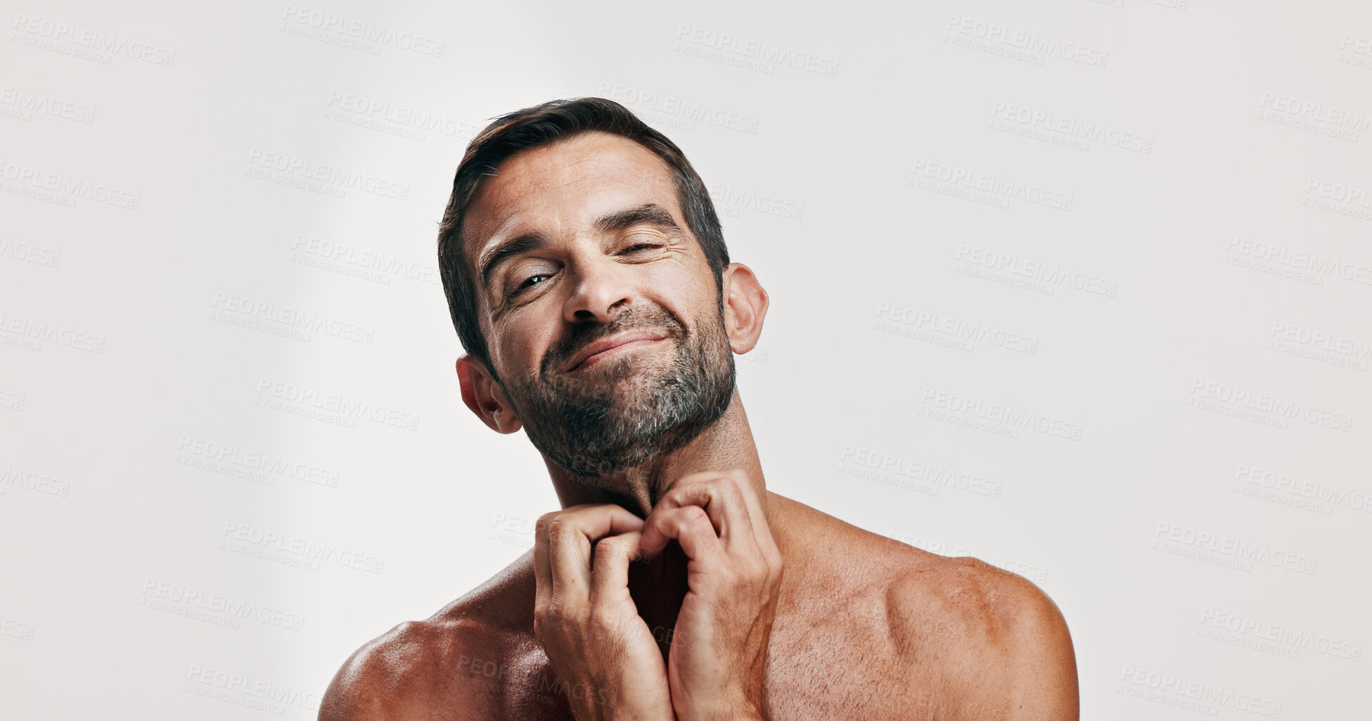 Buy stock photo Neck, scratching or portrait of man in studio for beauty, body eczema or beard discomfort. Hygiene cosmetics, allergy or annoyed model on white background for rash treatment, irritation or itchy skin