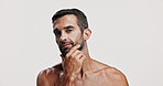 Check, beauty or portrait of man in studio for skincare glow, grooming face or dermatology. Collagen cosmetics, mockup space or person on white background for facial treatment, wellness or inspection