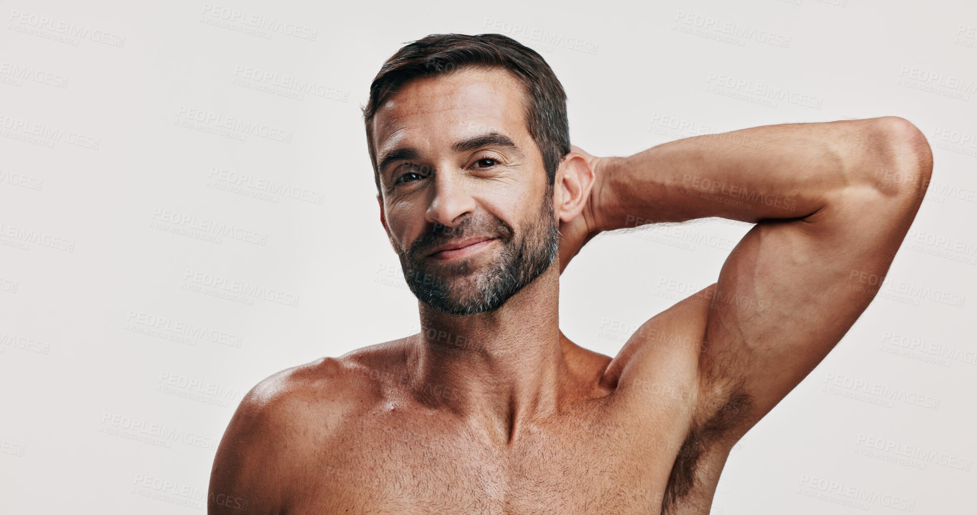 Buy stock photo Health, skincare or portrait of man with armpit for beauty glow, body grooming and dermatology. Hygiene cosmetics, studio or muscular person on white background for treatment, underarm or confidence