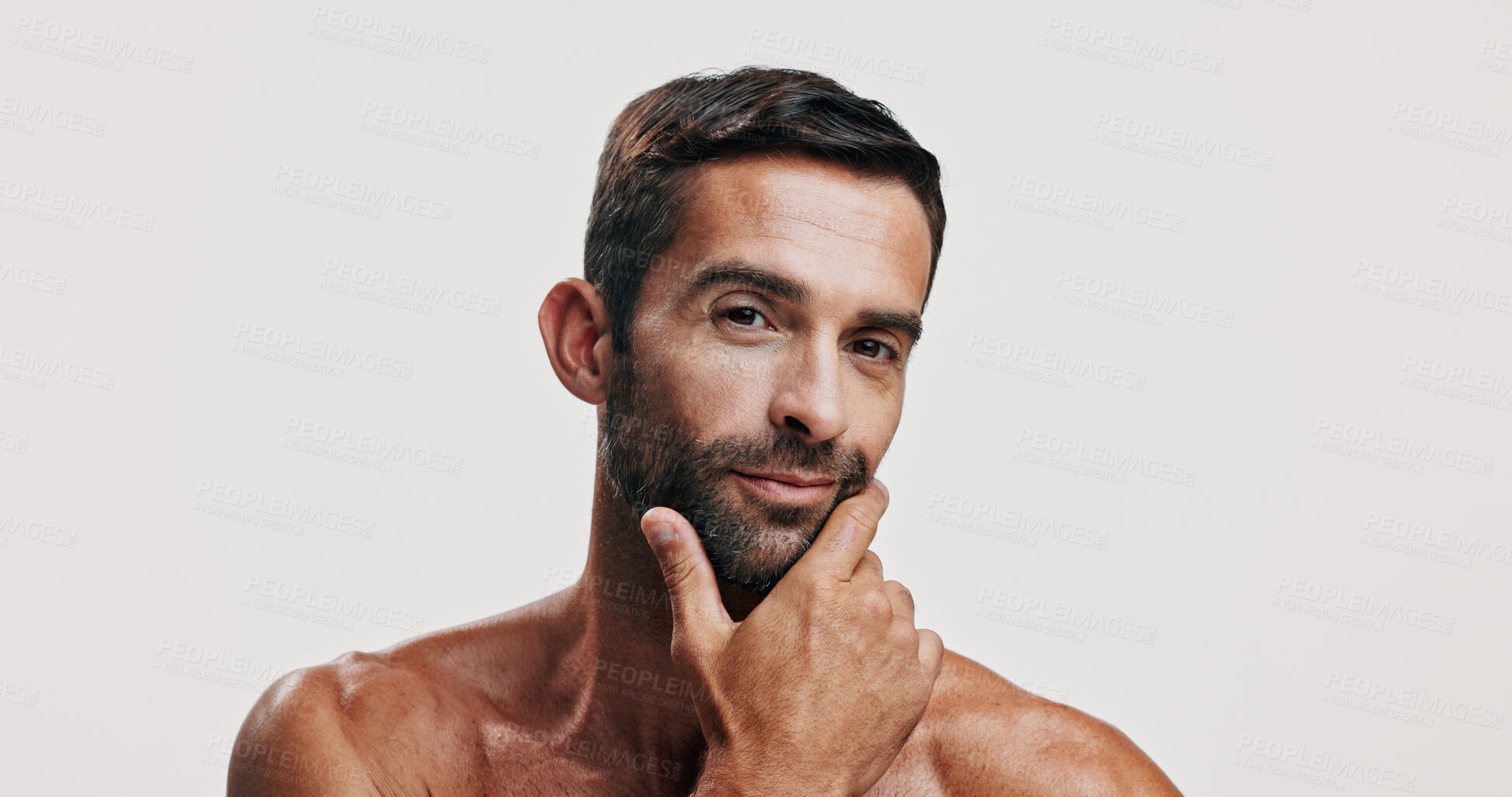 Buy stock photo Beauty, cosmetics and portrait of man in studio for antiaging treatment or dermatology. Aesthetic, skincare and wellness with confident model isolated on white background for self care routine