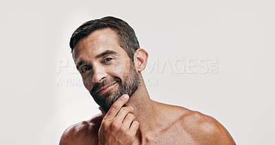 Buy stock photo Portrait, happy and man for skincare in studio of facial glow,  natural cosmetic and treatment results. Male person, beauty and hair growth of grooming routine, dermatology shine and white background