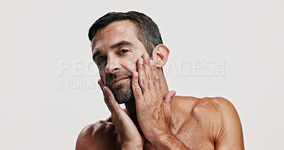 Buy stock photo Portrait, pride and man for skincare in studio of facial glow,  natural cosmetic and treatment results. Person, beard or check hair growth of grooming routine, dermatology shine and white background