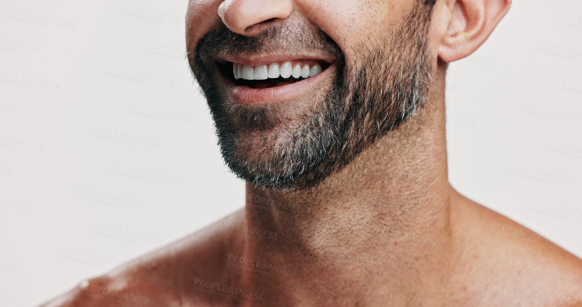 Buy stock photo Happy, mouth and beard of man in studio for wellness, health and cosmetics for grooming. Dermatology, skincare and face closeup of person for hygiene, facial and dental smile on white background