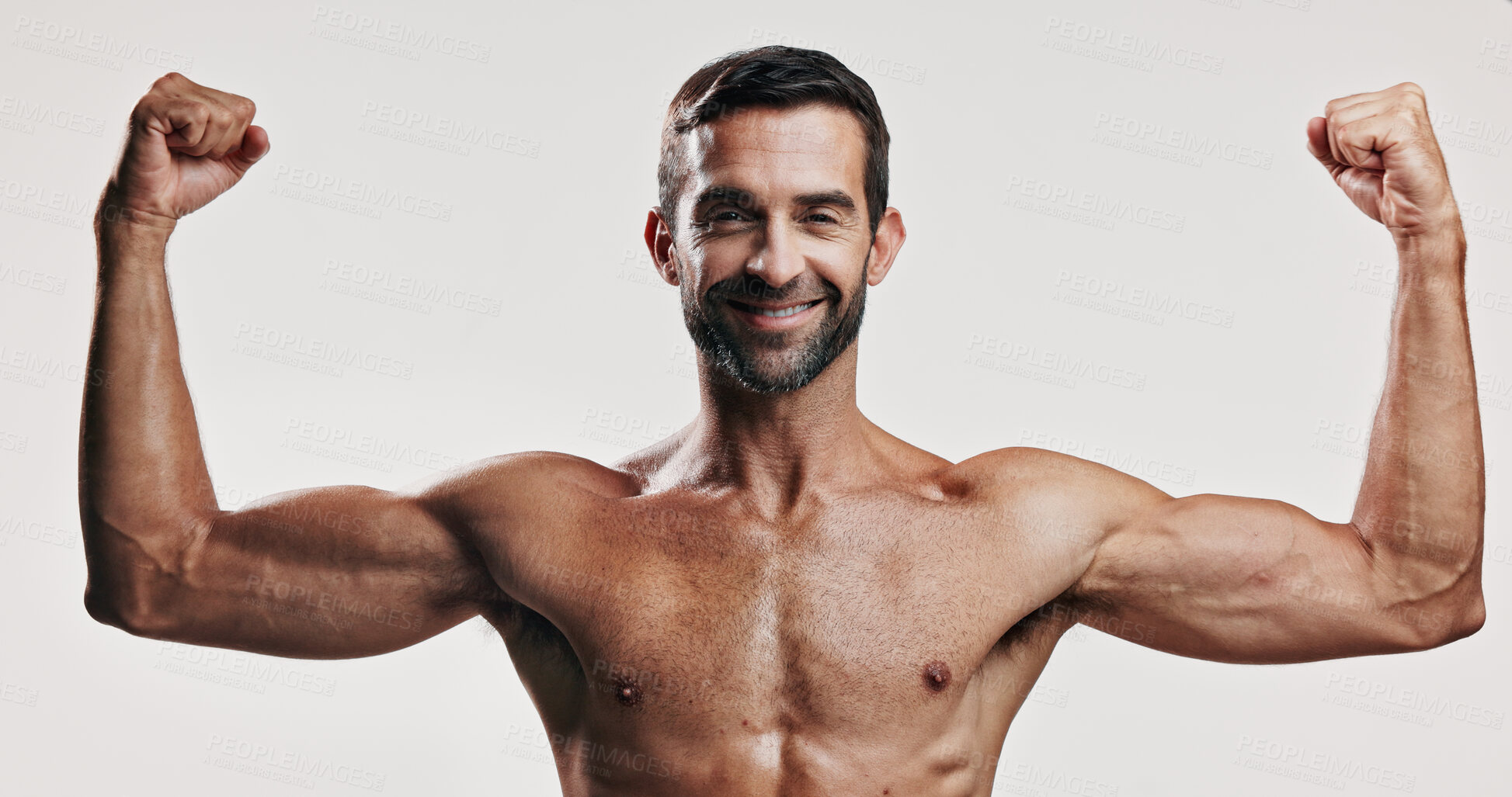 Buy stock photo Muscles, flex and portrait of man in studio with body building workout for fitness progress. Motivation, biceps and male person with strong arms for power training or exercise by white background.