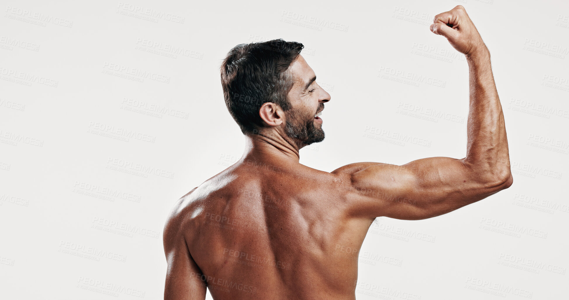 Buy stock photo Muscles, fitness and back of man flexing in studio with body building workout for progress. Motivation, biceps and male person with strong arms for power training or exercise by white background.