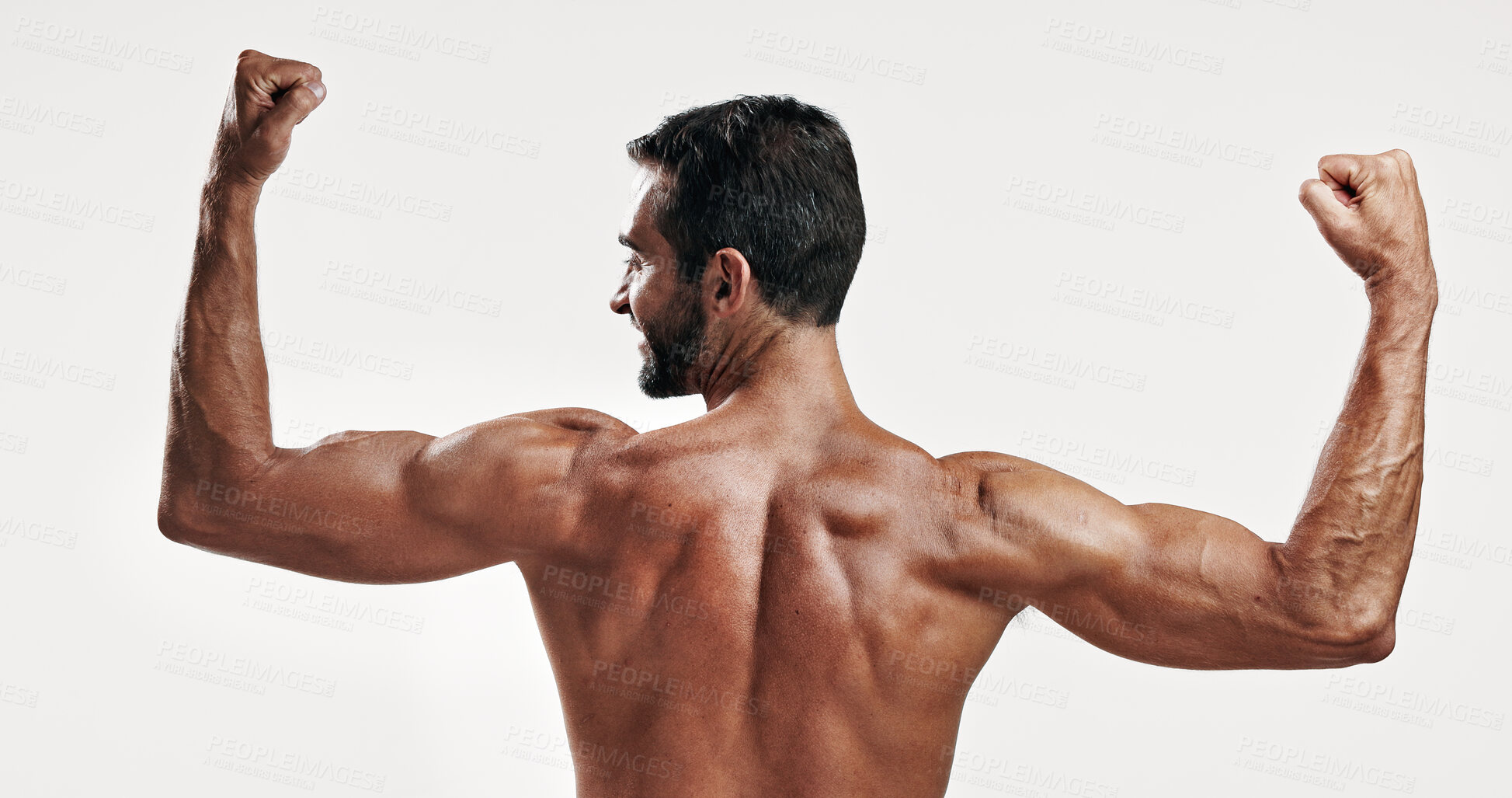 Buy stock photo Muscles, strong and back of man flexing in studio with body building workout for fitness progress. Confident, biceps and topless person with strength in arms for power training by white background.